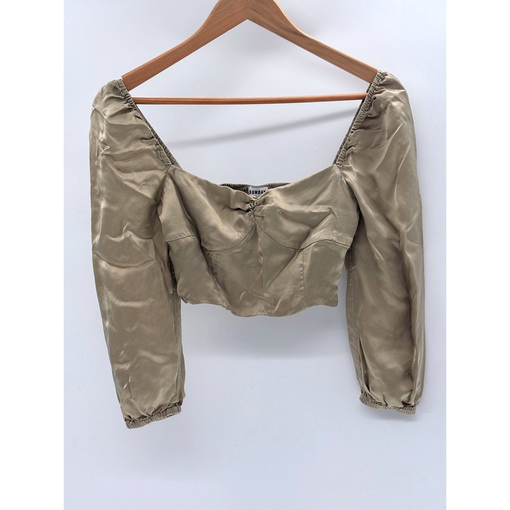Aritzia Sunday Best Puff Sleeve Crop Top Women Size Medium Tan Long Sleeve Satin